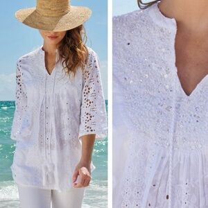 Cino Vintage Maui White Sequin Eyelet Tunic Cover Up Size XS